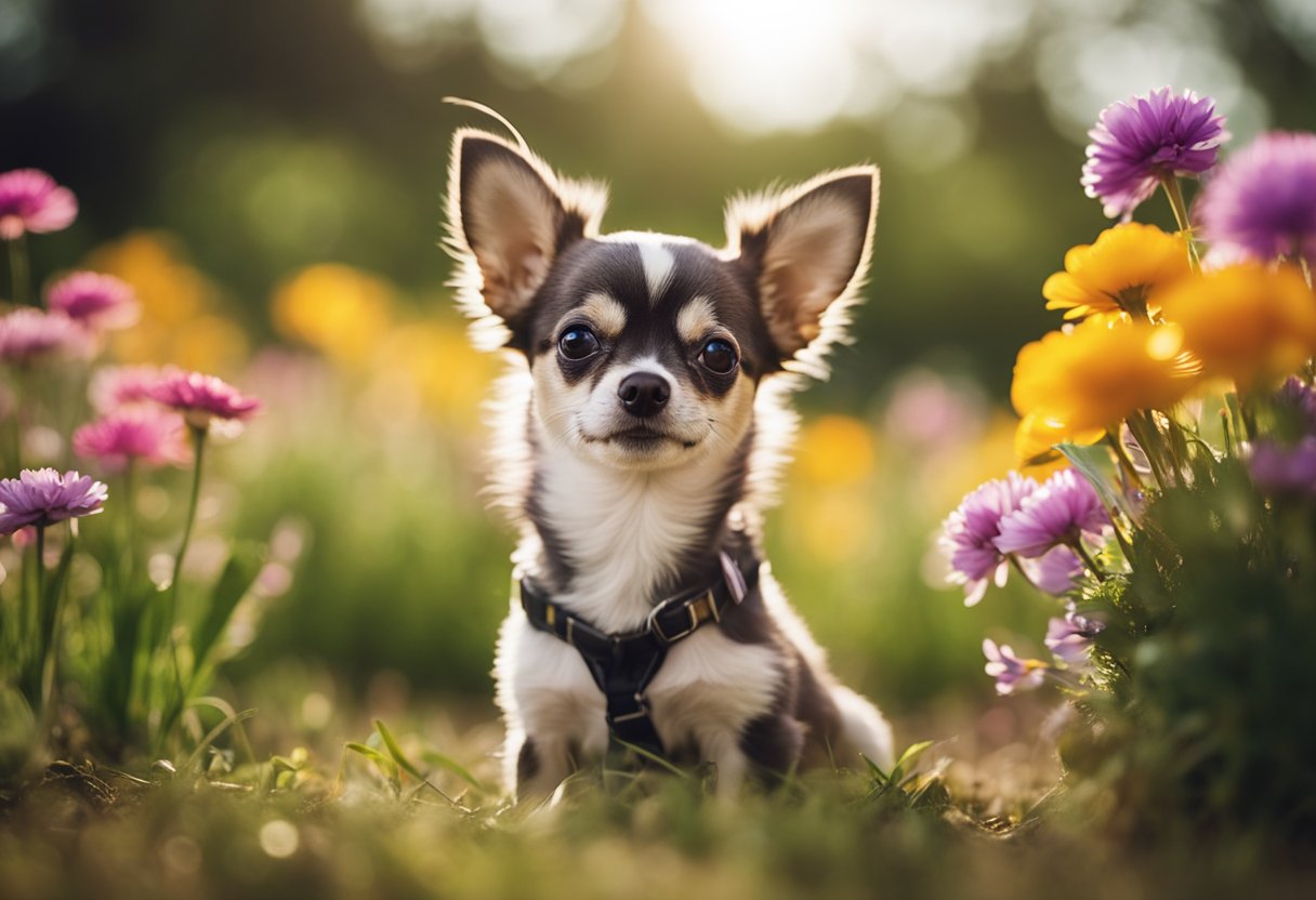Image 2 A Chihuahua Puppy Sits On A Grassy Field, Surrounded By Colorful Flowers. Its Small Size And Large Ears Are Prominent Features. Text Bubbles With Interesting Facts About Chihuahuas Float Above Its Head