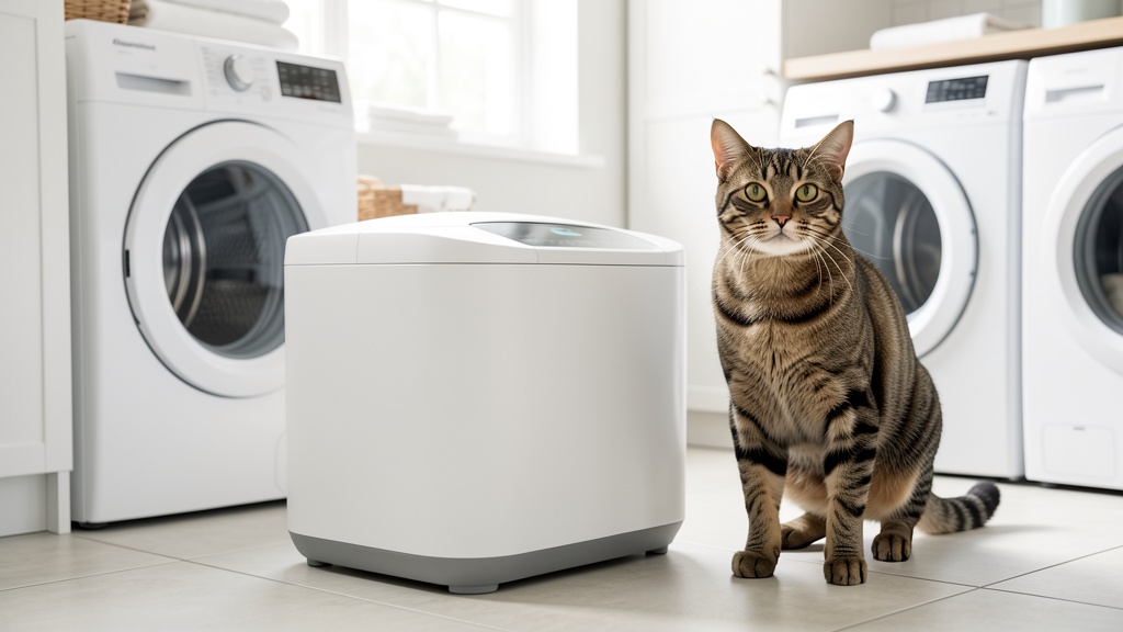 A curious tabby cat standing beside a modern automatic self-cleaning litter box in a bright laundry room