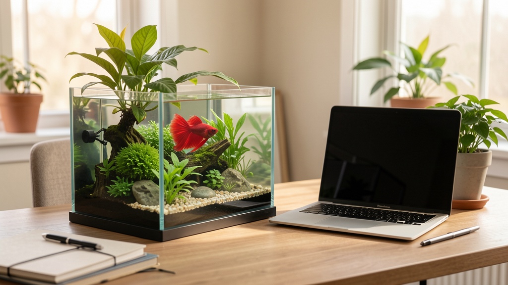 A planted betta fish tank on a tidy home office desk next to a laptop