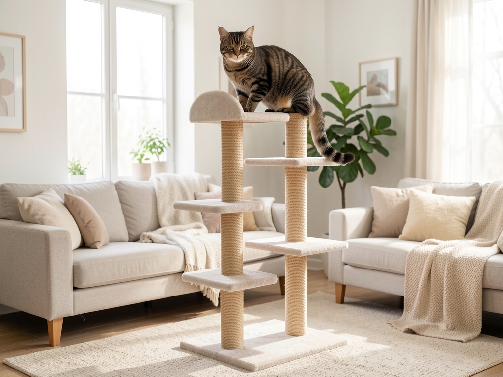 A tabby cat perched on the top platform of a tall multi-level cat tree in a bright living room