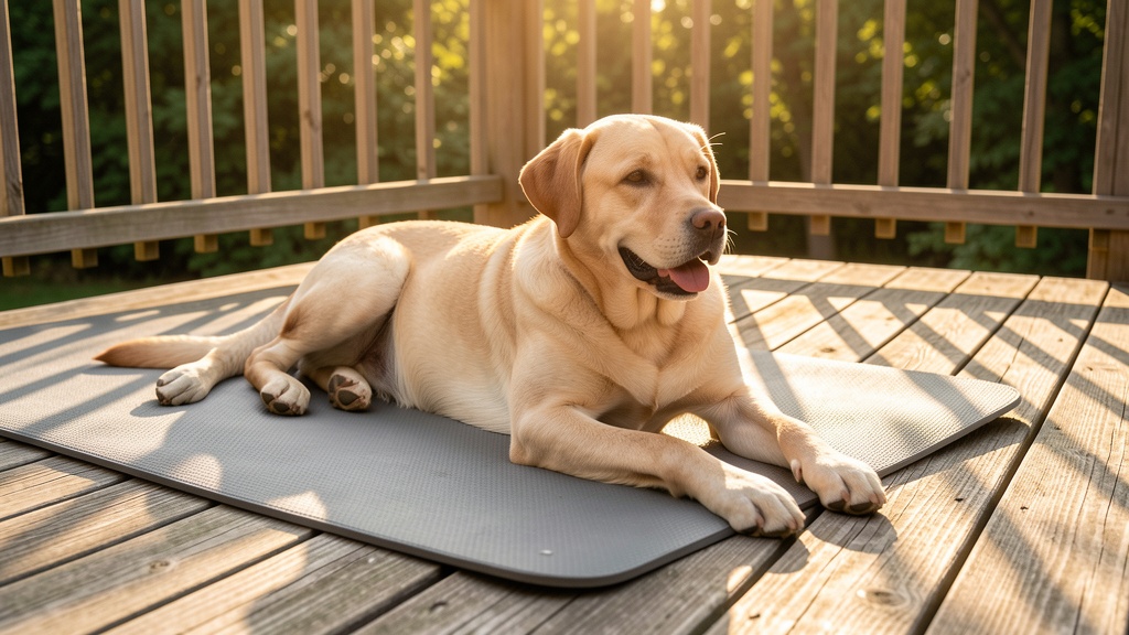 A labrador retriever relaxing on a gray cooling mat on a shaded deck in summer