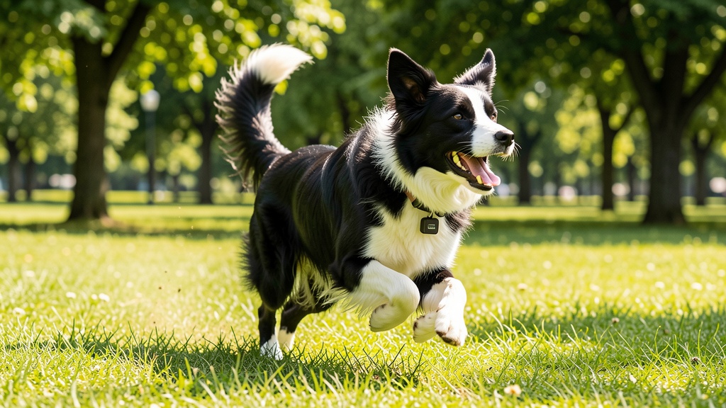 A border collie running in a sunny park wearing a collar with a small GPS tracker