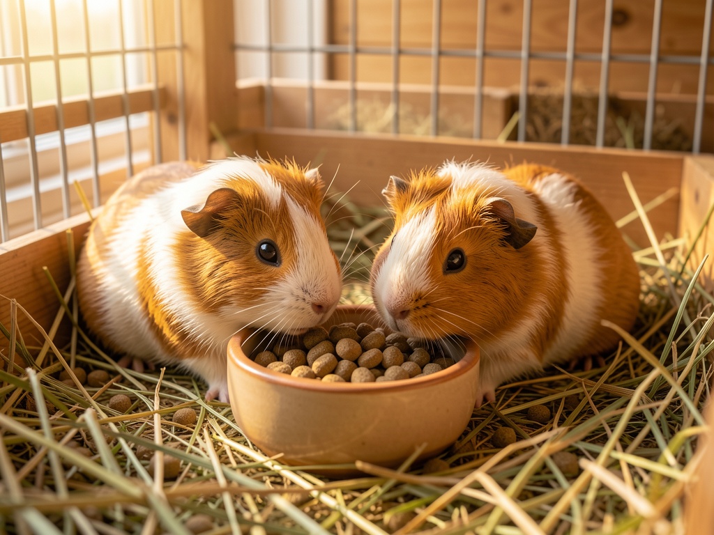 Two guinea pigs eating pellets from a ceramic bowl in a cozy pen with hay bedding